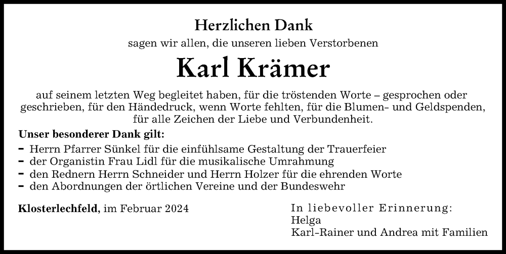  Traueranzeige für Karl Krämer vom 24.02.2024 aus Schwabmünchner Allgemeine