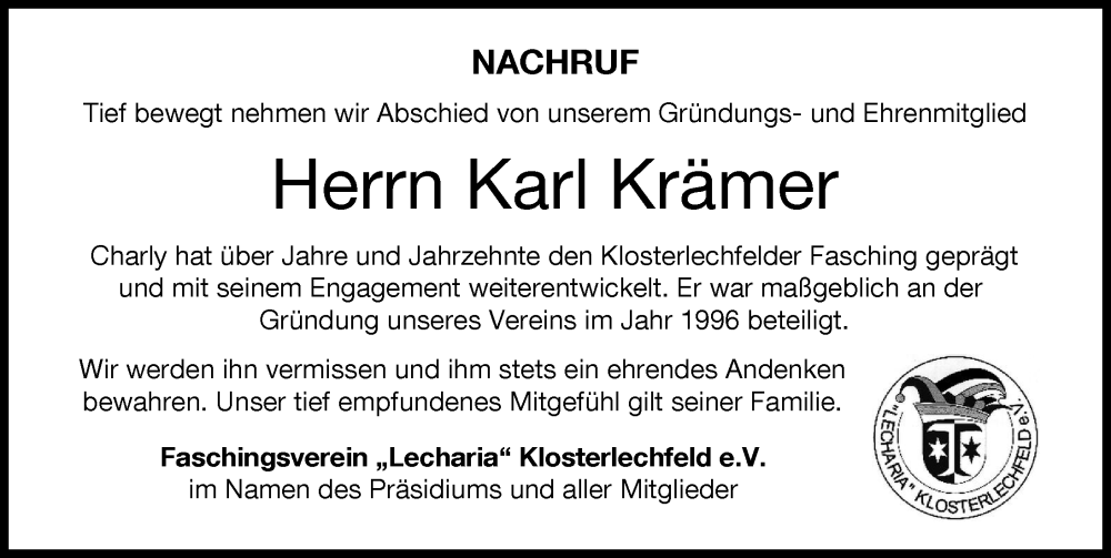 Traueranzeige von Karl Krämer von Schwabmünchner Allgemeine