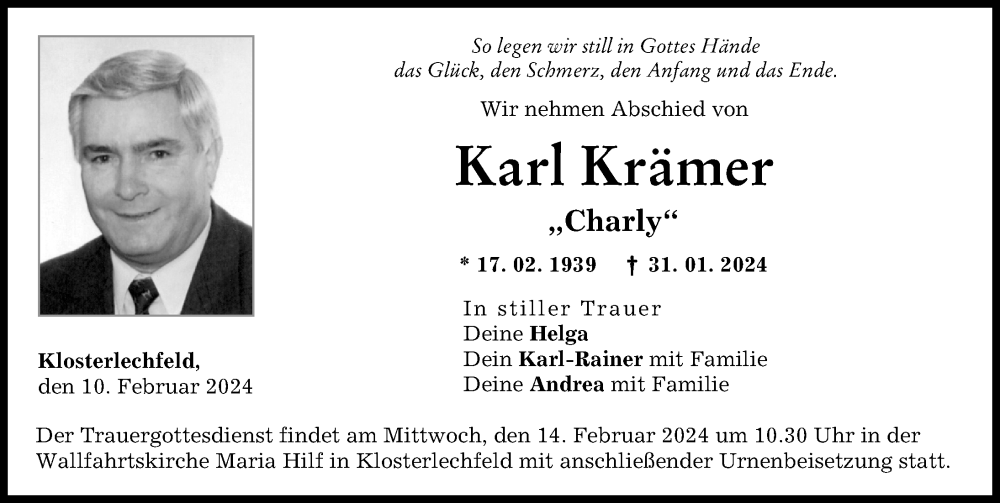  Traueranzeige für Karl Krämer vom 10.02.2024 aus Schwabmünchner Allgemeine