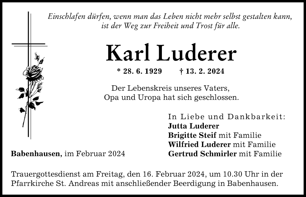 Traueranzeige für Karl Luderer vom 15.02.2024 aus Illertisser Zeitung