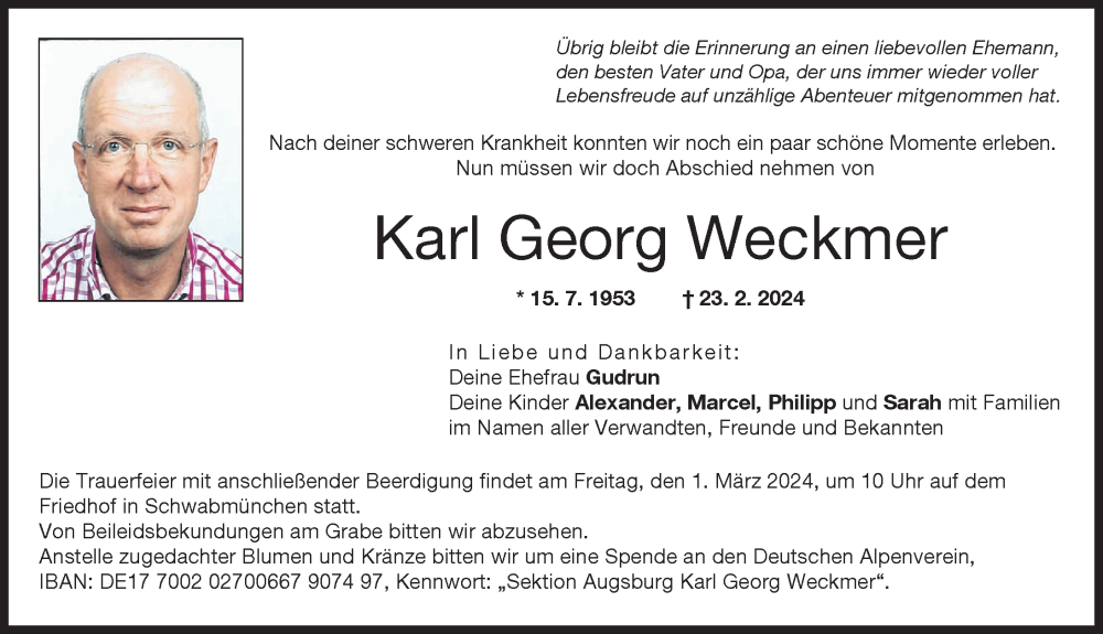 Traueranzeige von Karl Georg Weckmer von Schwabmünchner Allgemeine