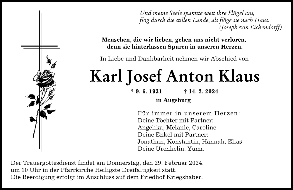 Traueranzeige von Karl Josef Anton Klaus von Augsburger Allgemeine