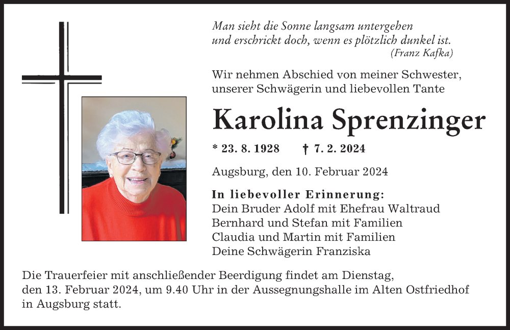  Traueranzeige für Karolina Sprenzinger vom 10.02.2024 aus Augsburger Allgemeine