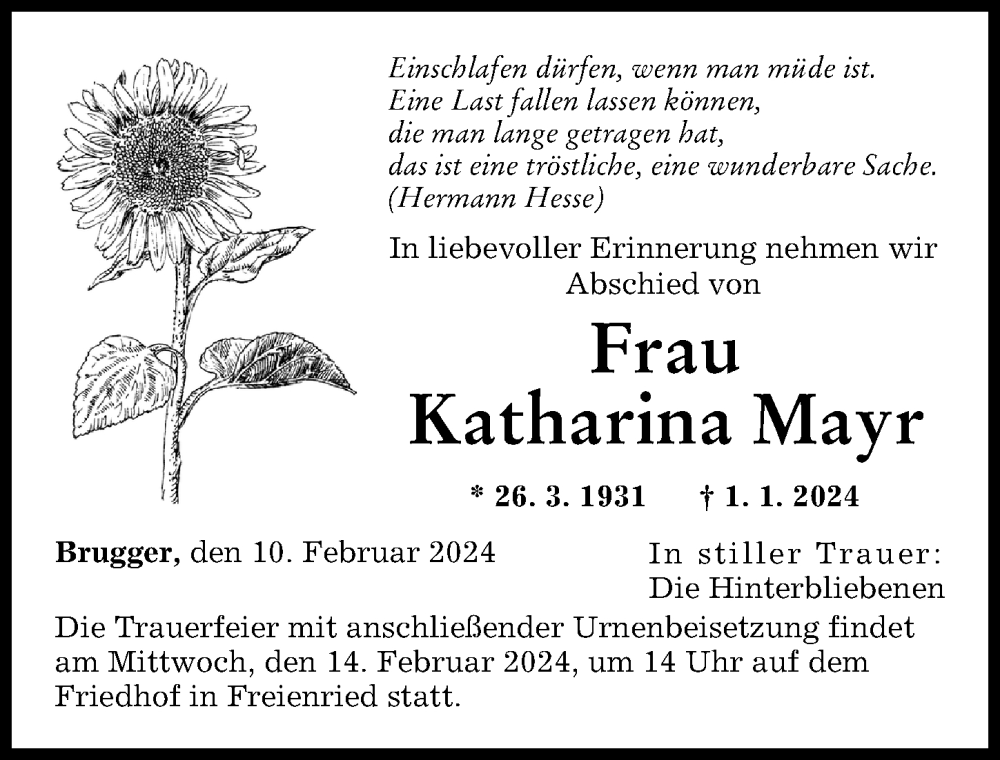 Traueranzeige von Katharina Mayr von Friedberger Allgemeine