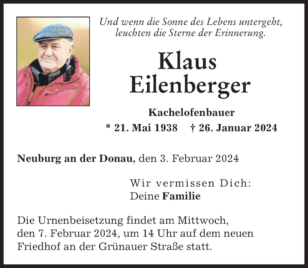 Traueranzeige von Klaus Eilenberger von Neuburger Rundschau