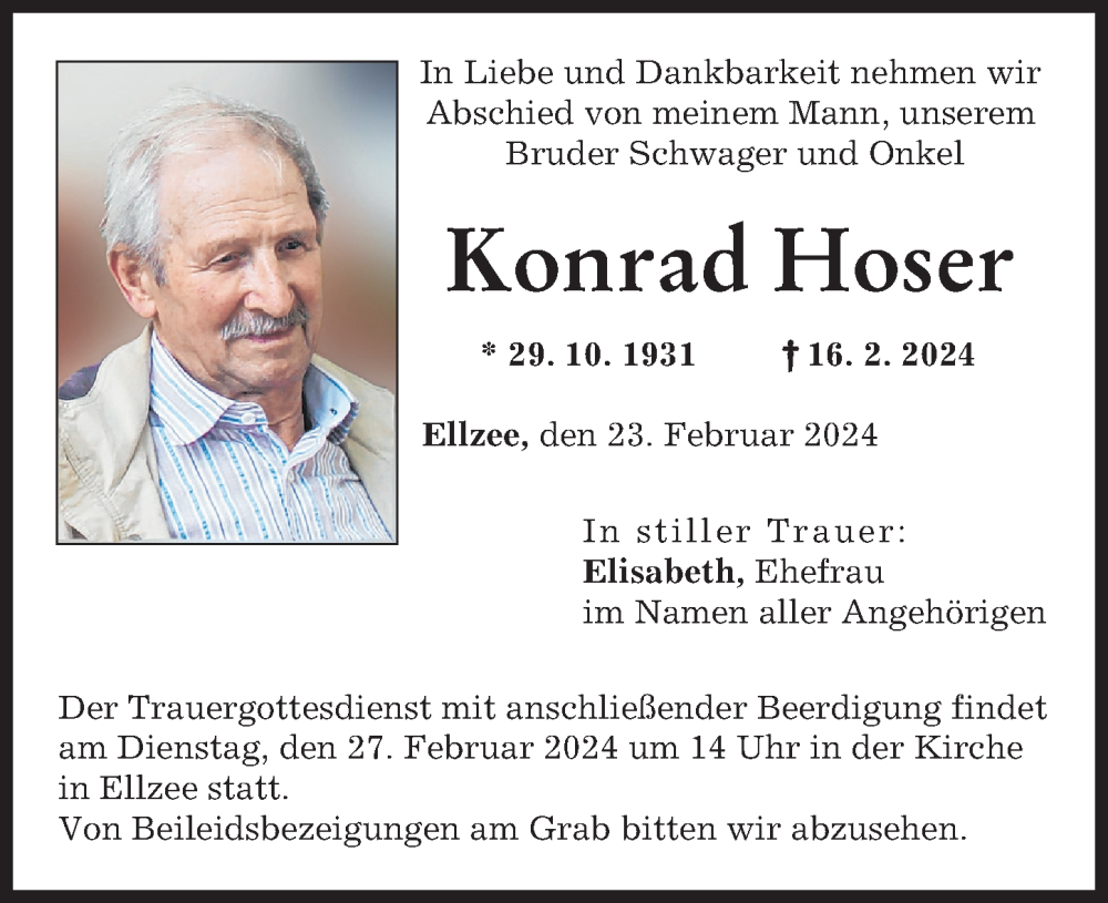 Traueranzeige von Konrad Hoser von Mittelschwäbische Nachrichten, Günzburger Zeitung