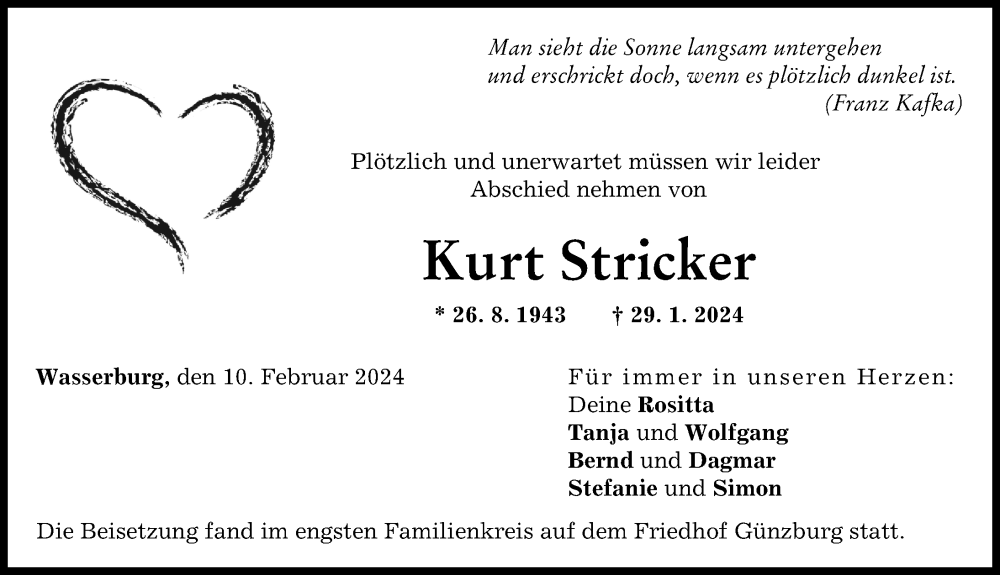 Traueranzeige von Kurt Stricker von Günzburger Zeitung