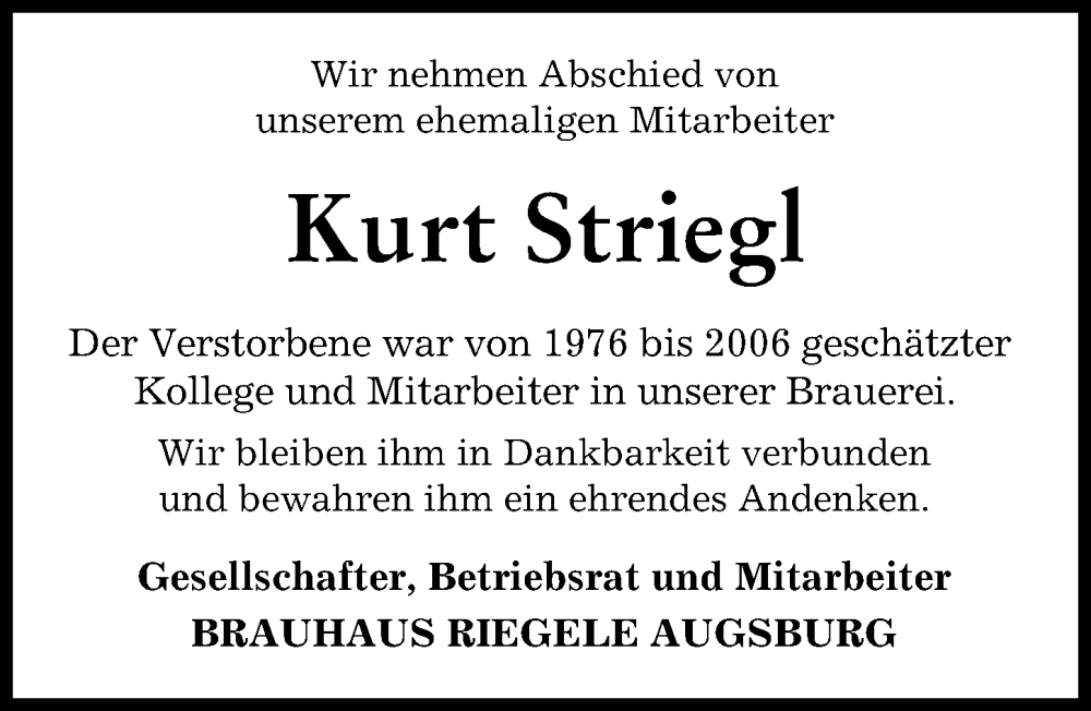 Traueranzeige von Kurt Striegl von Augsburger Allgemeine