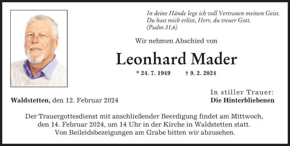  Traueranzeige für Leonhard Mader vom 12.02.2024 aus Günzburger Zeitung