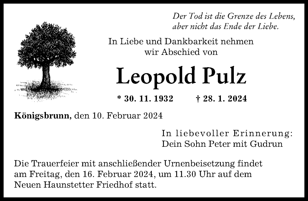 Traueranzeige von Leopold Pulz von Augsburger Allgemeine