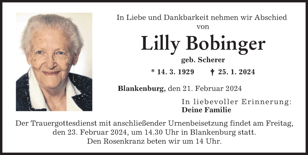 Traueranzeige von Lilly Bobinger von Augsburg-Land