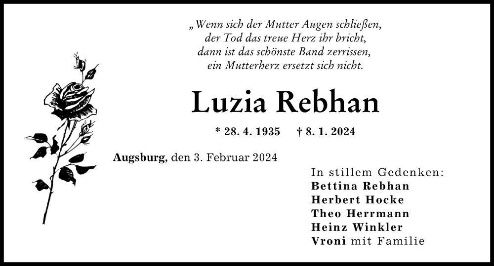 Traueranzeige von Luzia Rebhan von Augsburger Allgemeine