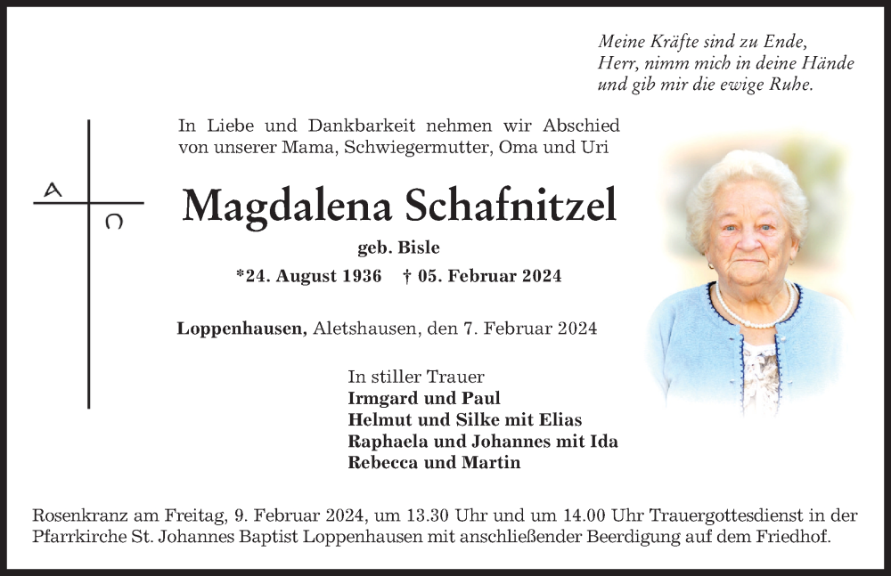 Traueranzeige von Magdalena Schafnitzel von Mindelheimer Zeitung