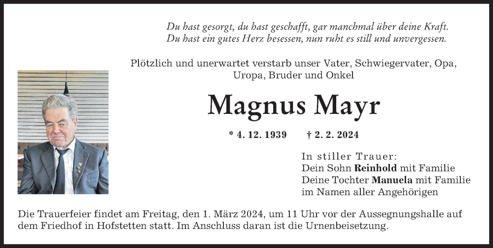  Traueranzeige für Magnus Mayr vom 24.02.2024 aus Landsberger Tagblatt