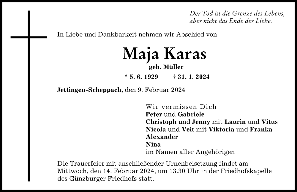 Traueranzeige von Maja Karas von Günzburger Zeitung