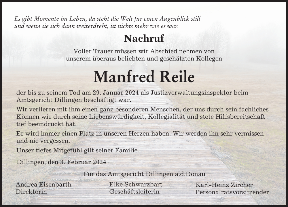  Traueranzeige für Manfred Reile vom 03.02.2024 aus Donau Zeitung