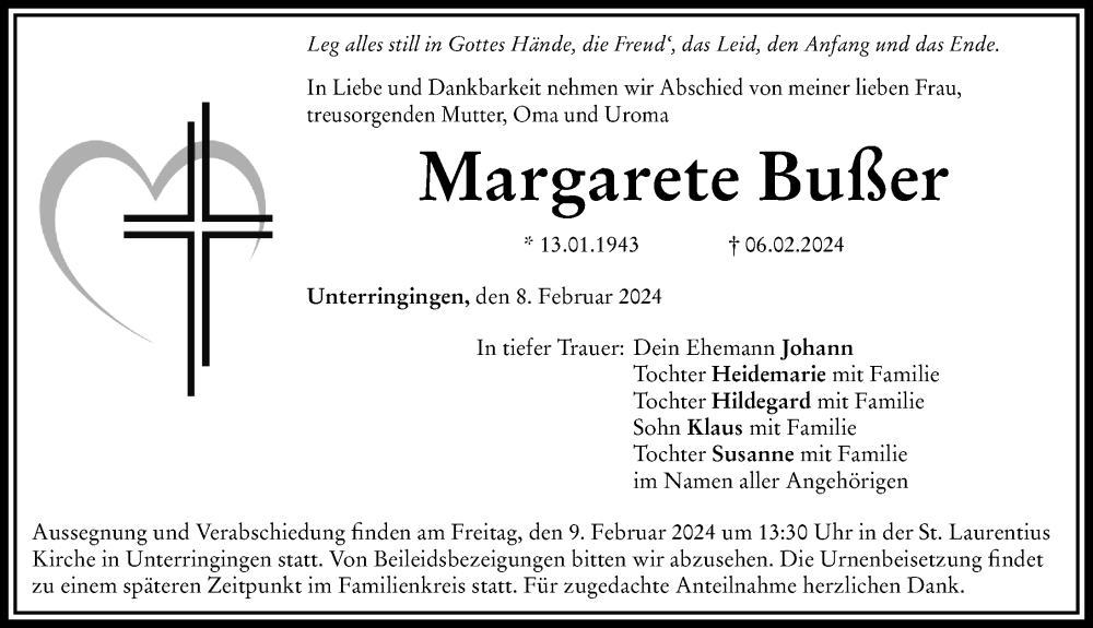 Traueranzeige von Margarete Bußer von Rieser Nachrichten