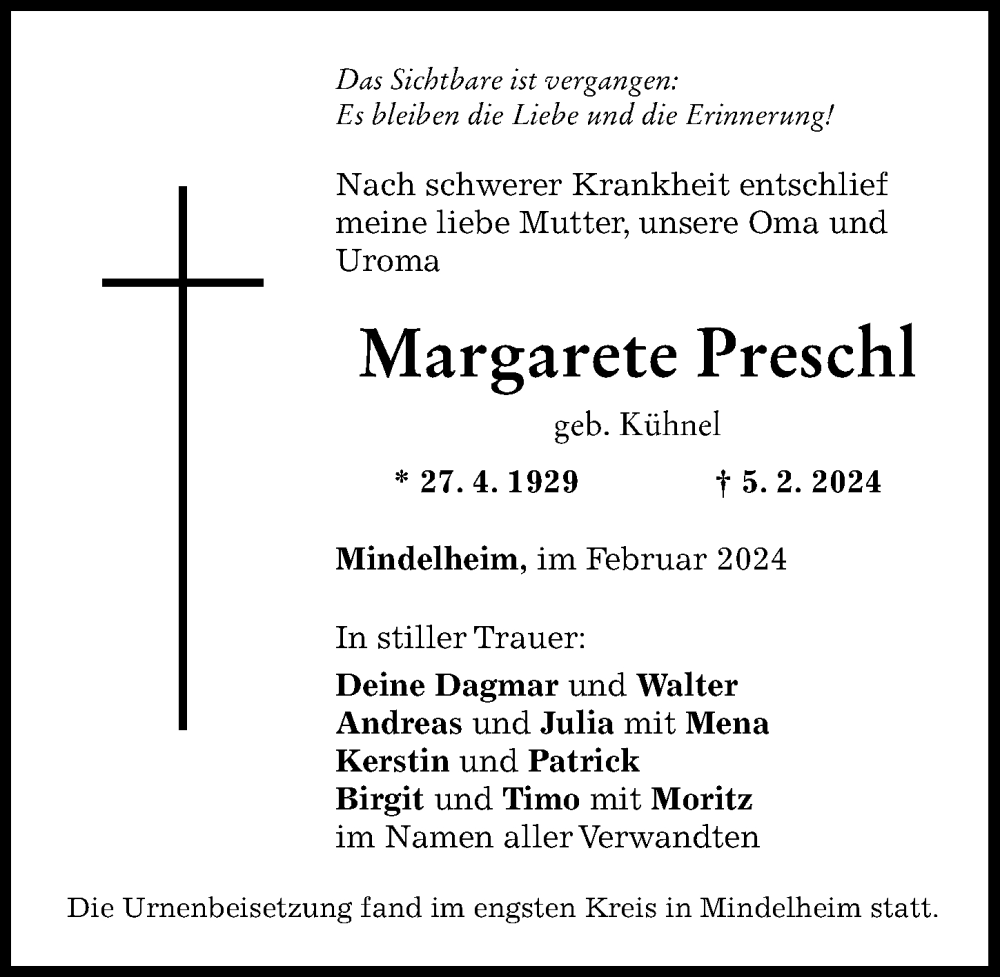 Traueranzeige von Margarete Preschl von Mindelheimer Zeitung