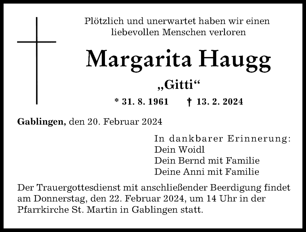  Traueranzeige für Margarita Haugg vom 20.02.2024 aus Augsburger Allgemeine