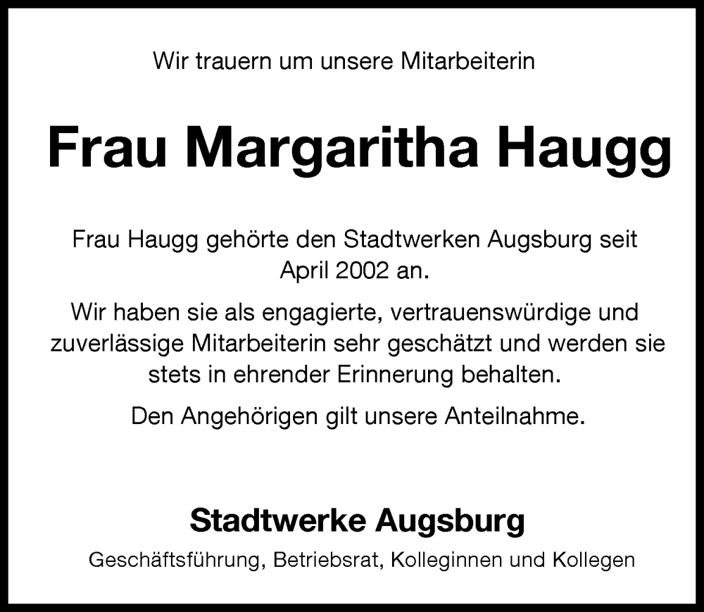 Traueranzeige von Margaritha Haugg von Augsburger Allgemeine