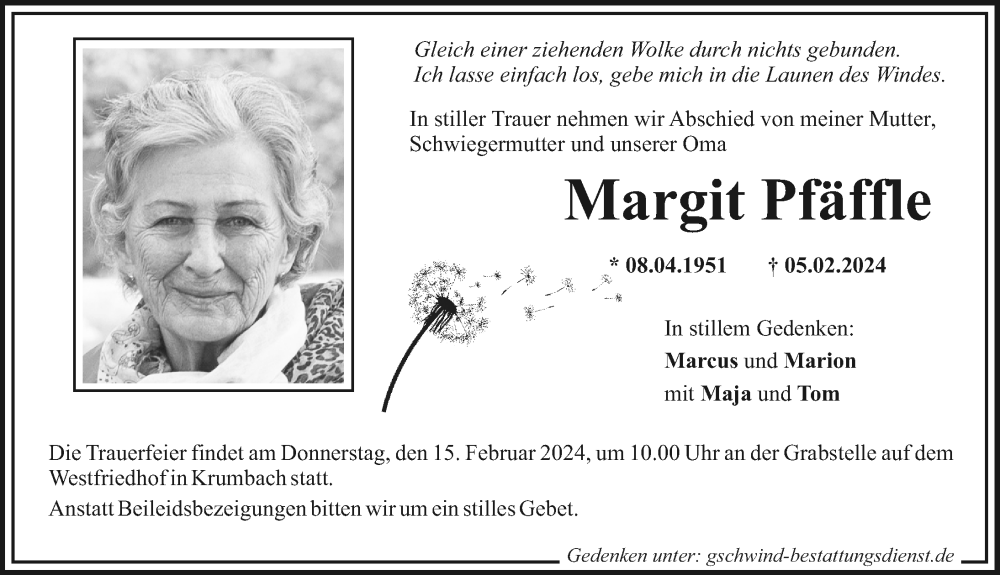 Traueranzeige von Margit Pfäffle von Mittelschwäbische Nachrichten