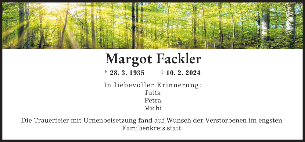Traueranzeige von Margot Fackler von Augsburger Allgemeine
