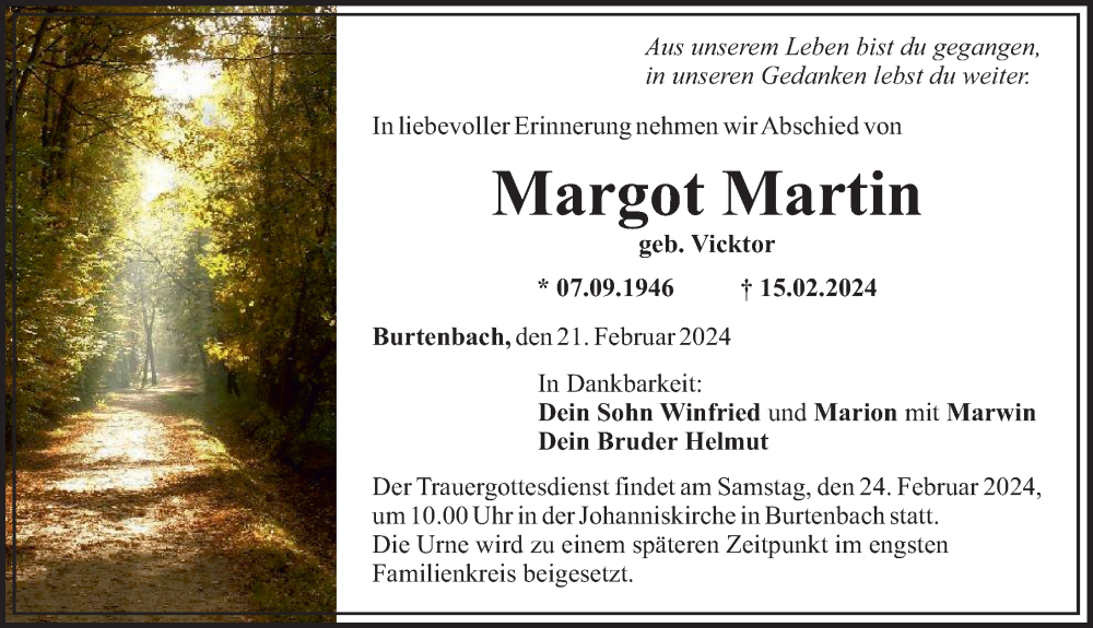 Traueranzeige von Margot Martin von Mittelschwäbische Nachrichten, Günzburger Zeitung