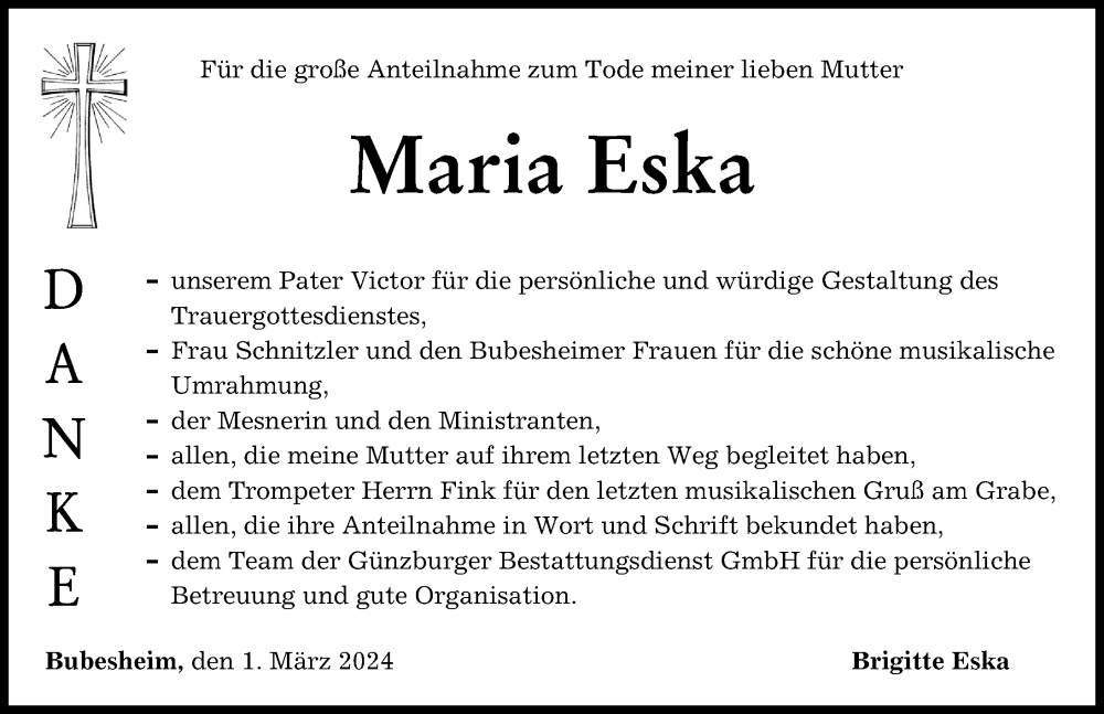 Traueranzeige von Maria Eska von Günzburger Zeitung