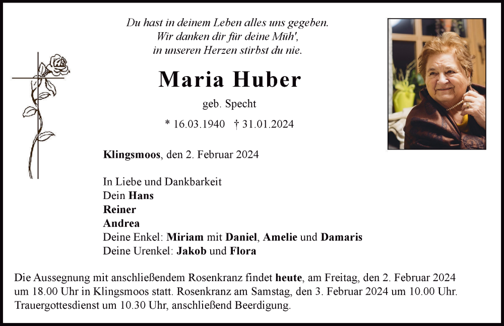 Traueranzeige von Maria Huber von Neuburger Rundschau