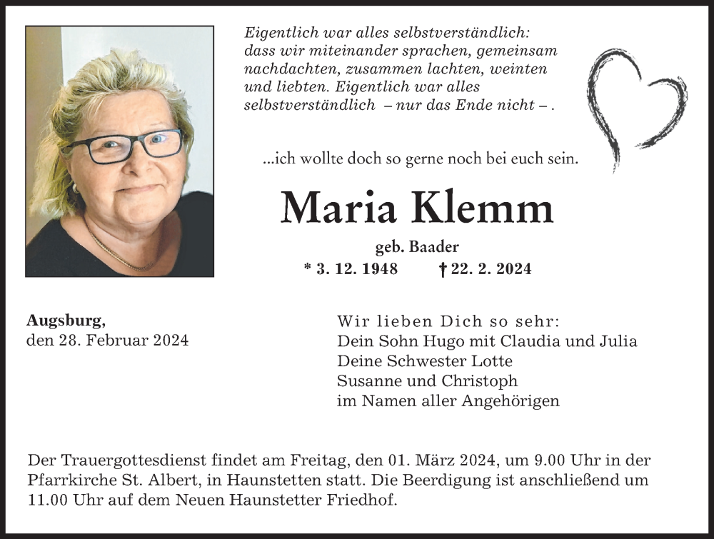 Traueranzeige von Maria Klemm von Augsburger Allgemeine