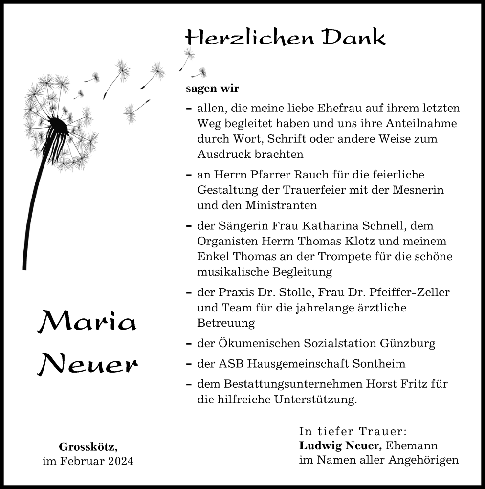 Traueranzeige von Maria Neuer von Günzburger Zeitung