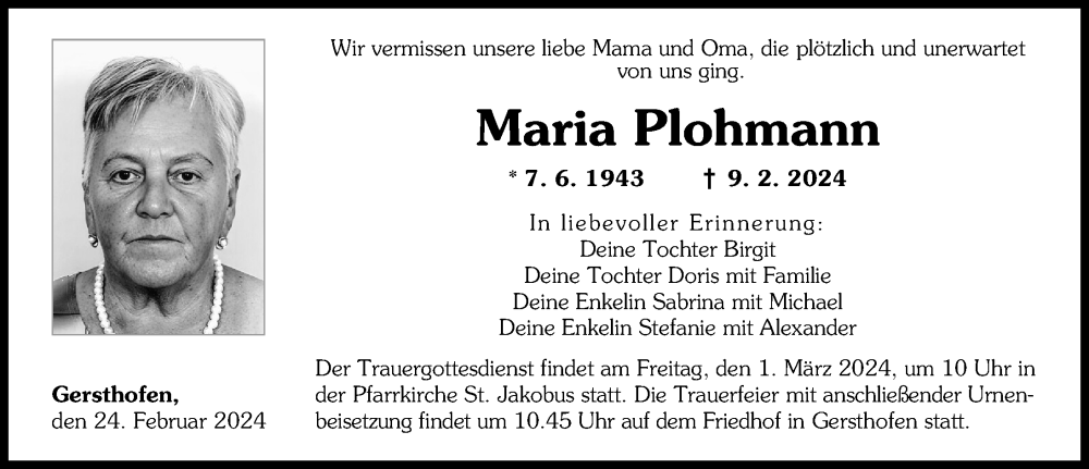 Traueranzeige von Maria Plohmann von Augsburger Allgemeine