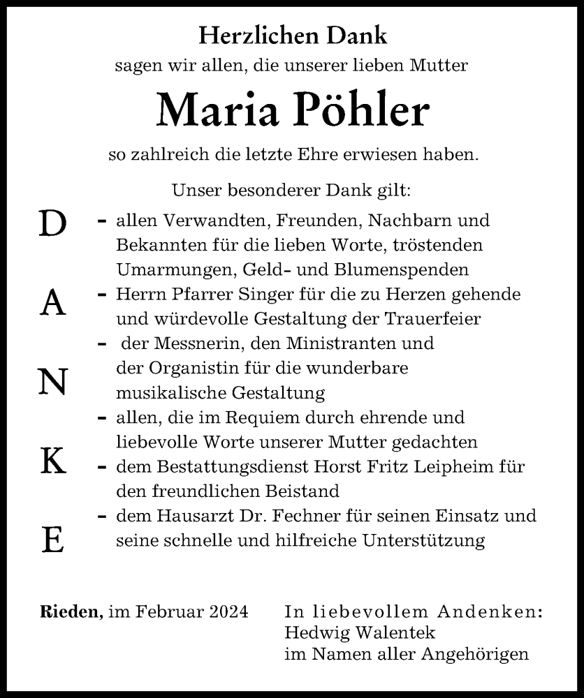 Traueranzeige von Maria Pöhler von Günzburger Zeitung