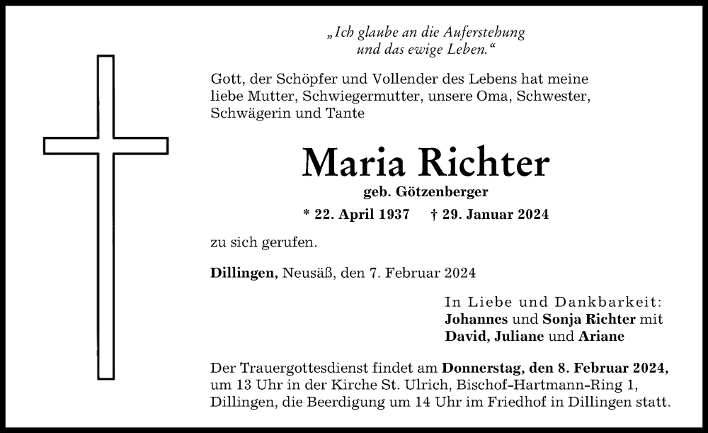 Traueranzeige von Maria Richter von Donau Zeitung