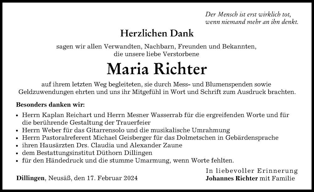 Traueranzeige von Maria Richter von Donau Zeitung