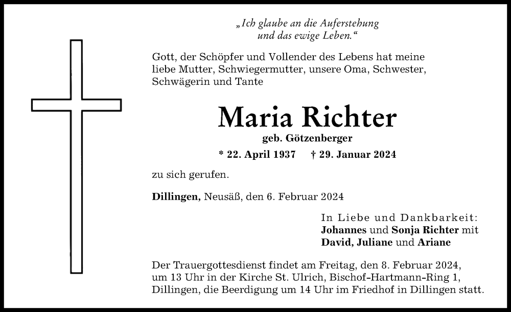 Traueranzeige von Maria Richter von Donau Zeitung