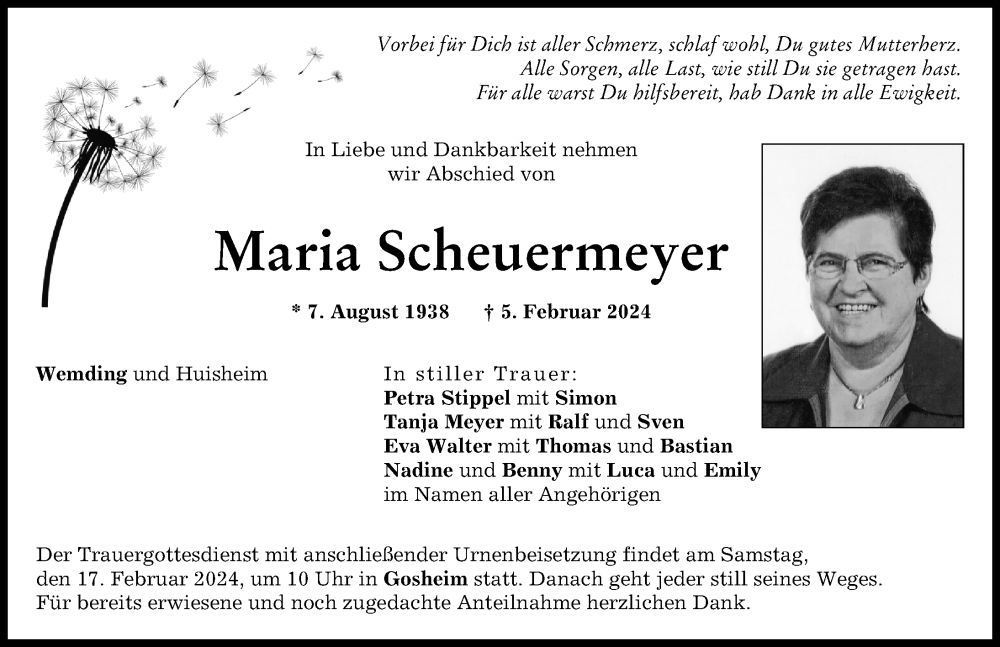  Traueranzeige für Maria Scheuermeyer vom 14.02.2024 aus Rieser Nachrichten, Donauwörther Zeitung