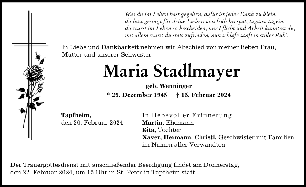 Traueranzeige von Maria Stadlmayer von Donauwörther Zeitung