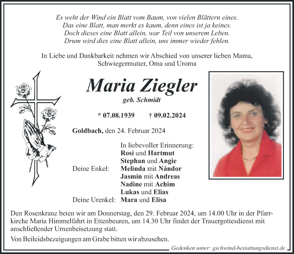Traueranzeige von Maria Ziegler von Günzburger Zeitung