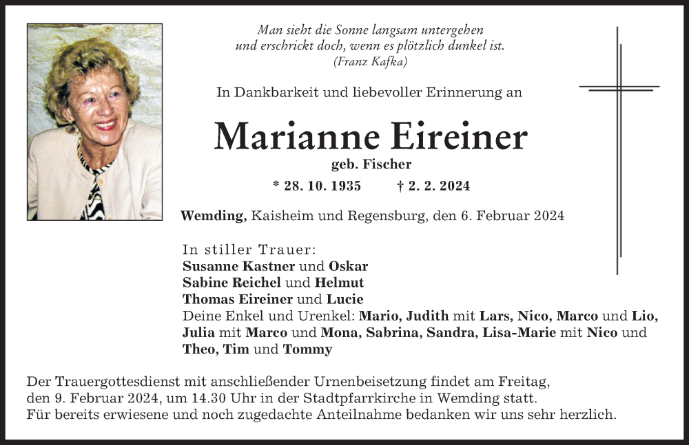 Traueranzeige von Marianne Eireiner von Donauwörther Zeitung