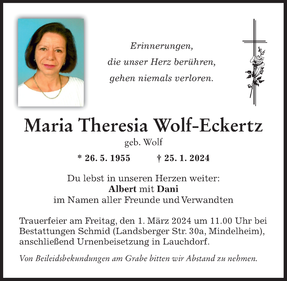 Traueranzeige von Maria Theresia Wolf-Eckertz von Mindelheimer Zeitung