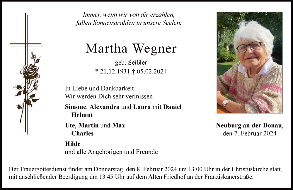 Traueranzeige von Martha Wegner von Neuburger Rundschau