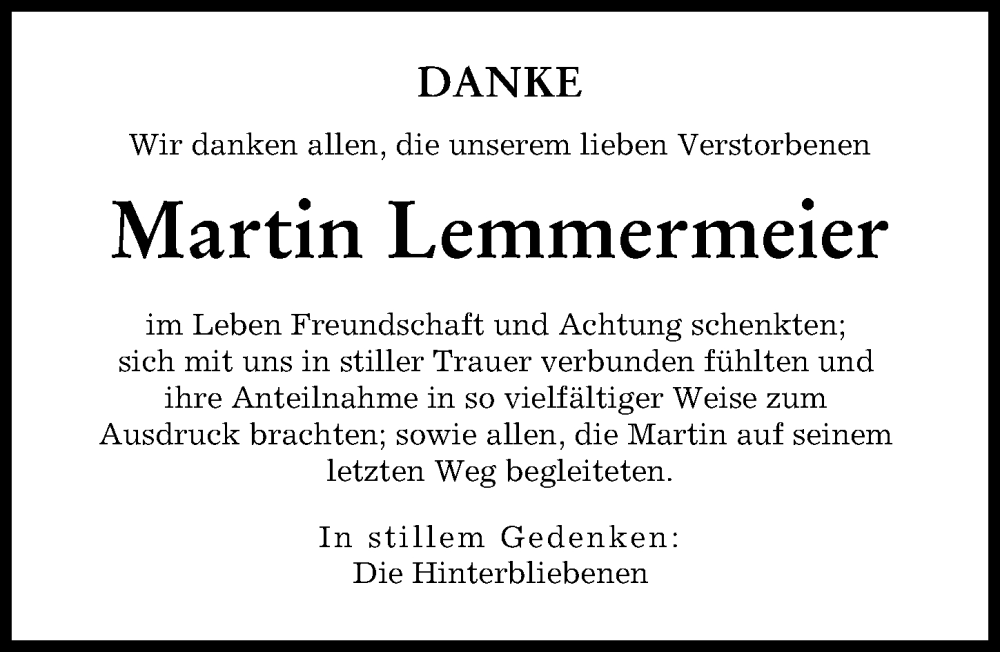 Traueranzeige von Martin Lemmermeier von Augsburg-Land