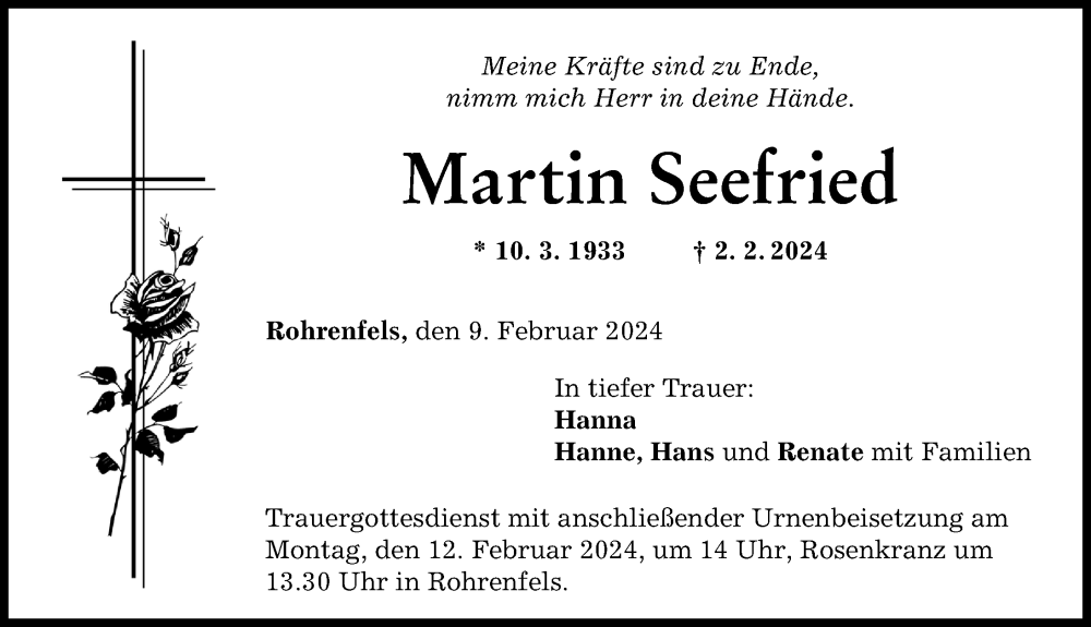 Traueranzeige von Martin Seefried von Neuburger Rundschau