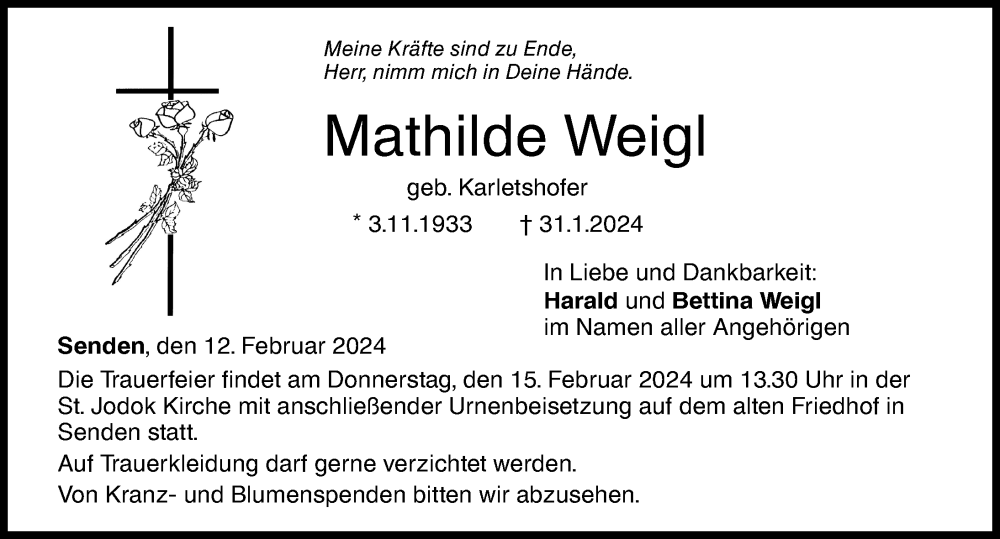 Traueranzeige von Mathilde Weigl von Augsburger Allgemeine, Neu-Ulmer Zeitung