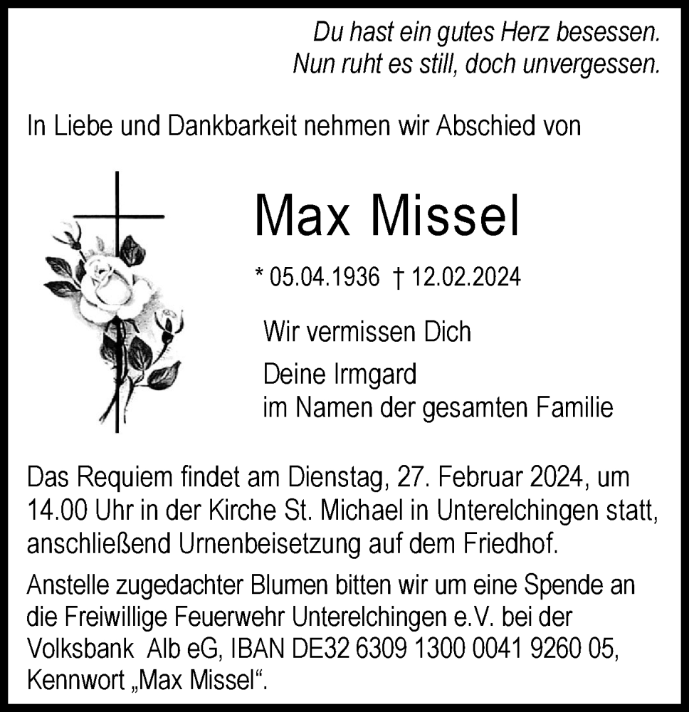 Traueranzeige von Max Missel von Augsburger Allgemeine, Neu-Ulmer Zeitung