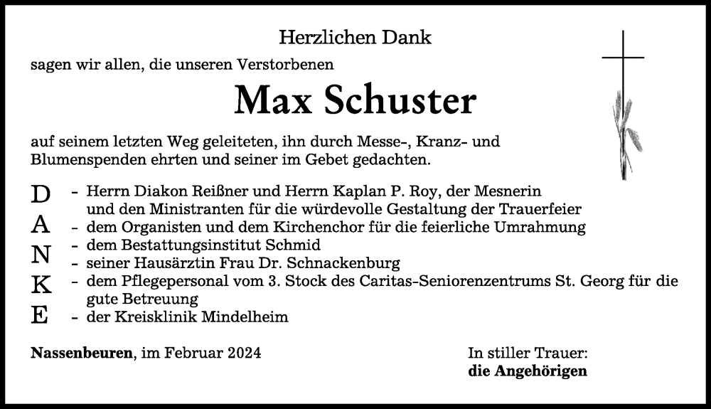 Traueranzeige von Max Schuster von Mindelheimer Zeitung