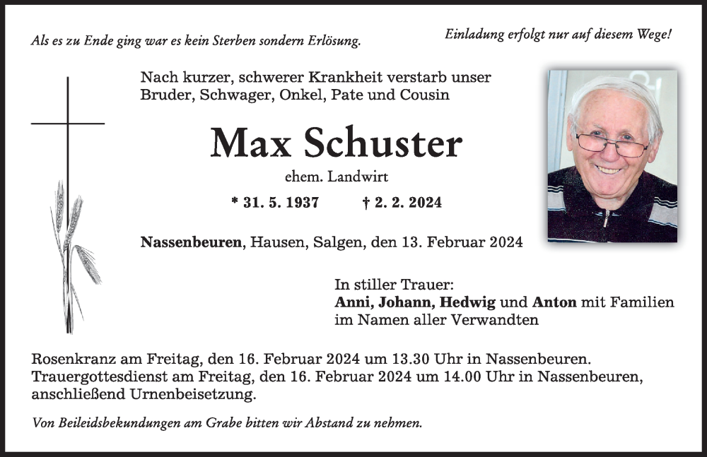 Traueranzeige von Max Schuster von Mindelheimer Zeitung