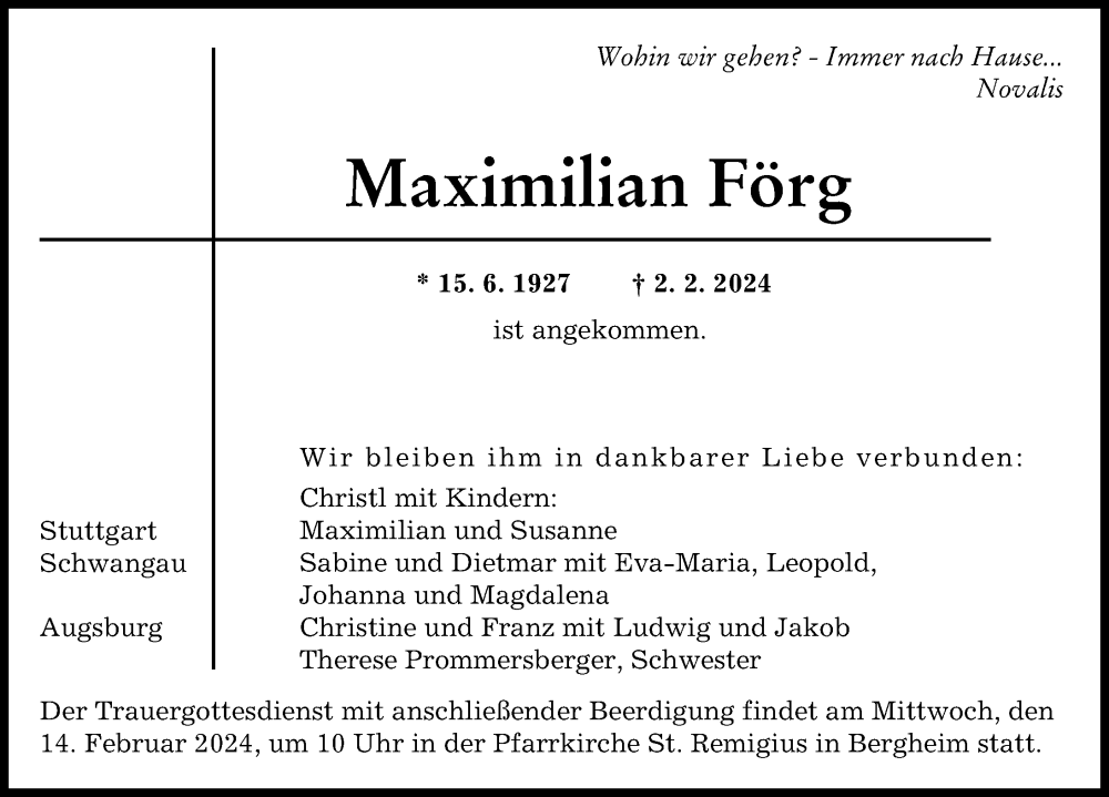 Traueranzeige von Maximilian Förg von Augsburger Allgemeine