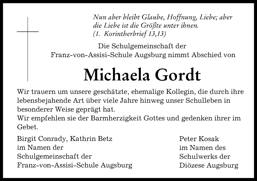 Traueranzeige von Michaela Gordt von Augsburger Allgemeine